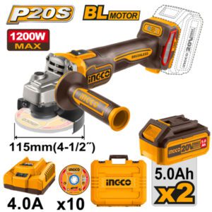 Ingco Cordless 20V Lithium-ion Angle Grinder 3 Speed Brushless 115mm 1200W Kit CAGLI2211532